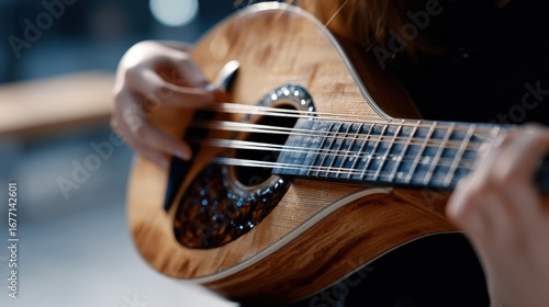 Close-up of a woman playing a mandolin with skilled hands, highlighting the intricate wood grain and musical ambiance.