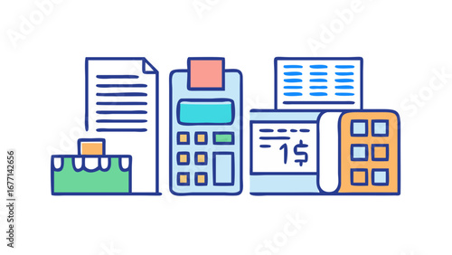 Vector art of colorful line art illustration of payment and financial icons, including a cash register, receipt, and credit card terminal