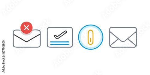 Vector art of email icons set showing message status, including sent, received, pending, and deleted messages ideal for illustrating email communication and management