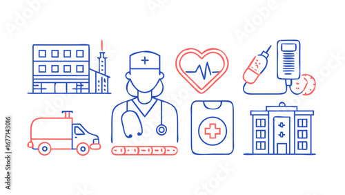 Vector art of healthcare and medical service concept with hospital building, doctor, heart, ambulance, medicine, and other related icons