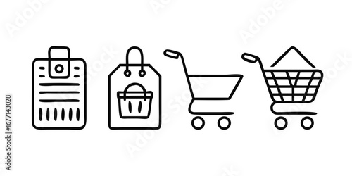 Vector art of handdrawn style illustration of shopping icons, including a wallet, shopping bag, and shopping carts, representing retail, commerce, and online shopping