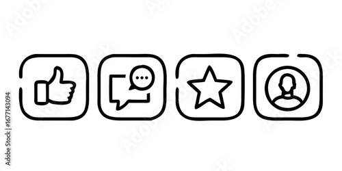 Vector art of like, comment, star and user icons in speech bubbles for social media, feedback, review, communication, and user interface design in vector format