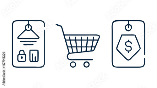 Vector art of minimalist line art illustration of a shopping cart, price tag, and clothing hanger, representing online shopping, retail, and consumerism