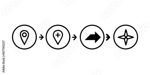Vector art of navigation icons set with arrows, compass, location pin and direction symbols for web design, user interface and mobile applications in vector format