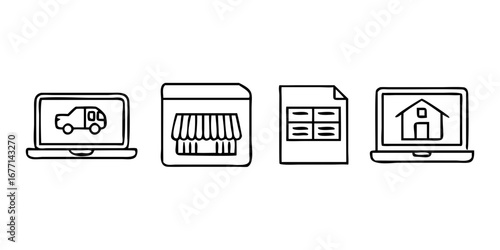 Vector art of online shopping and real estate icons featuring laptops, stores, documents, and houses, representing ecommerce, delivery, and property transactions