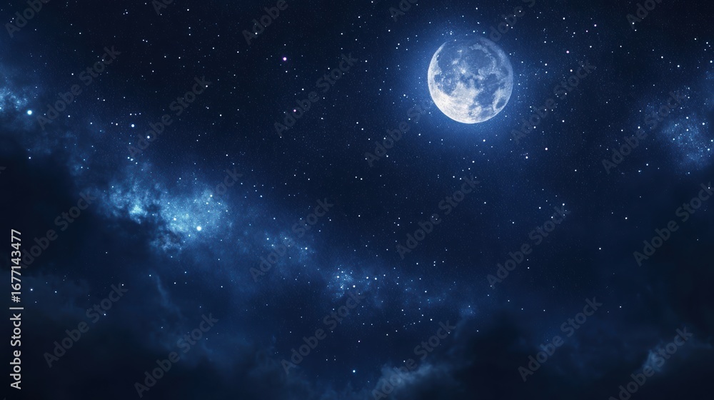 Fototapeta premium A serene night sky filled with stars and a glowing moon, creating a tranquil and mystical atmosphere.
