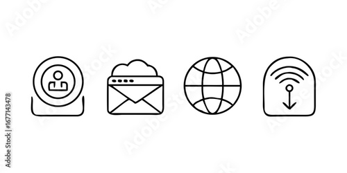 Vector art of set of line art icons representing user profile, cloud email, global network, and wifi connection, symbolizing digital communication and modern technology services