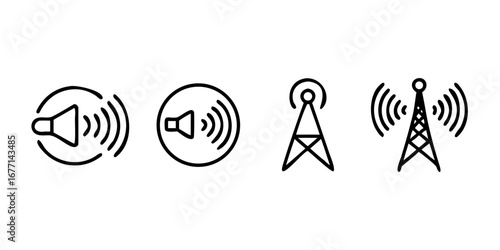 Vector art of set of simple line icons representing sound waves and radio towers, , depicting communication, broadcasting, and wireless technology in a minimalist style