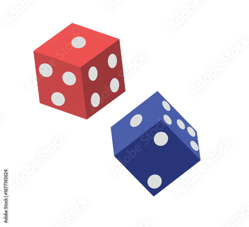 3d volumetric dice in red and blue with white dots