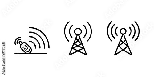 Vector art of wireless communication icons featuring antennas and a mobile phone transmitting signals, ideal for illustrating telecommunications and network connectivity