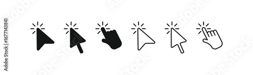 Click cursor icons in flat and outline styles. A versatile set of vector graphics for navigation, selection, and interactive design
