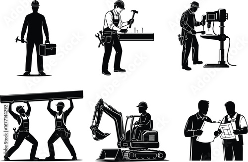 Construction workers, engineering tools, teamwork, machinery operation, blueprint planning, industrial safety, job site activity, hard hats, manual labor, excavator, steel beam lifting