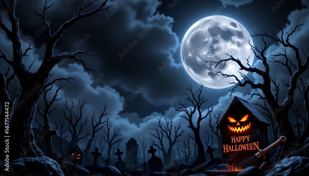 Fototapeta premium A Halloween night scene with a spooky graveyard under a full moon, festooned with skeletons and tombstones, and featuring a large, eerie Halloween display in the background
