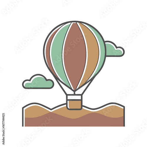 Colorful hot air balloon flying over landscape with clouds  
