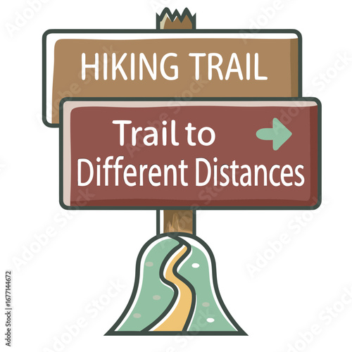 Hiking trail sign indicating different distances with pathway below  