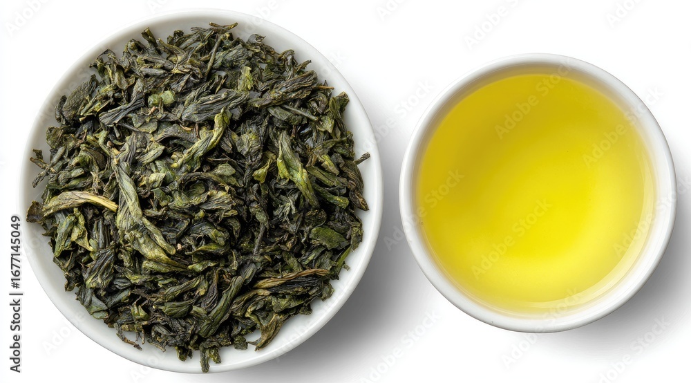 Fototapeta premium Overhead view of loose leaf green tea and brewed tea in small white bowls