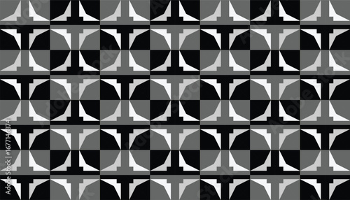 A seamless repeating geometric pattern of circles and squares, to create a visually appealing pattern with a combination of black, white and grey