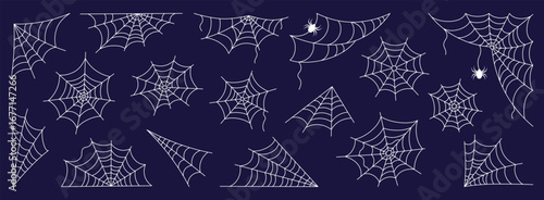 Webs with hanging spiders set. Editable stroke. Halloween scary theme for photo frame, banner, party decoration etc. Outline drawing. Hand drawn doodle vector illustration on dark purple background