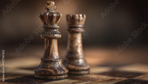 Close-up of two antique-looking chess kings on a wooden board.  Focused on the pieces, shallow depth of field.  Soft, warm lighting