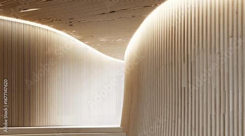 Interior hallway with curved light-wood paneling