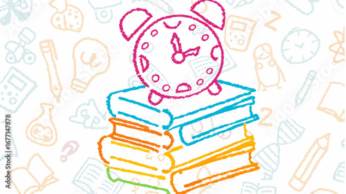 Hand drawn style image showing an alarm clock sitting on top of a stack of colorful books and doodles