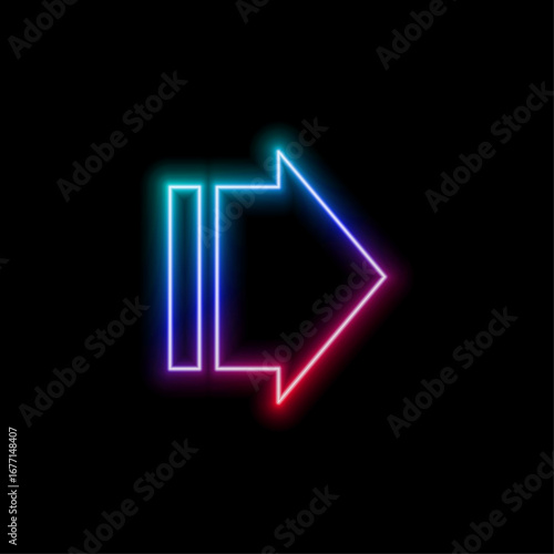 Neon blue color right arrow direction icon. Flashing direction indicators. 3D rendering of glowing neon arrows on a black background.