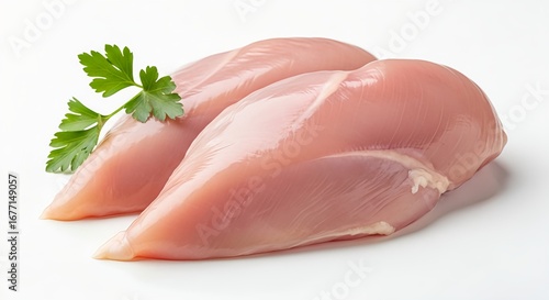 Two raw chicken breast fillets with fresh green parsley garnish on a white background