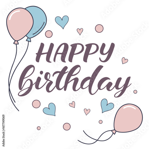 A festive "Happy Birthday" message adorned with balloons and hearts, perfect for celebrations.