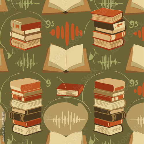 A captivating seamless pattern featuring stacks of vintage books, open tomes, and subtle audio wave graphics, perfect for educational or literary themes.