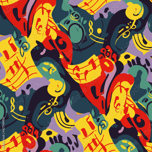 This dynamic and colorful abstract seamless pattern features an energetic arrangement of musical notes, clefs, and artistic shapes, perfect for creative backgrounds.