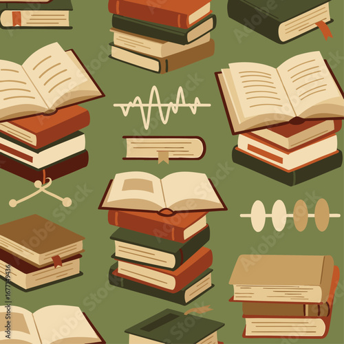 An engaging, illustrative seamless pattern displays a diverse array of open and stacked books, embodying the essence of education, learning, and literary exploration.