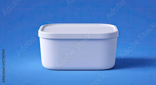 A plain, white plastic food container with a lid, set against a vibrant blue backdrop