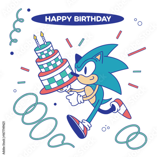 Sonic the Hedgehog running with a checkered birthday cake and candles, celebrating a happy birthday.