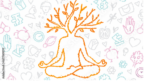 Person in lotus position with tree branches as head surrounded by doodle style icons and shapes art