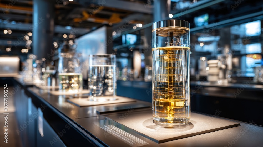 Naklejka premium Glass display cases showcasing various liquids in a modern industrial setting.