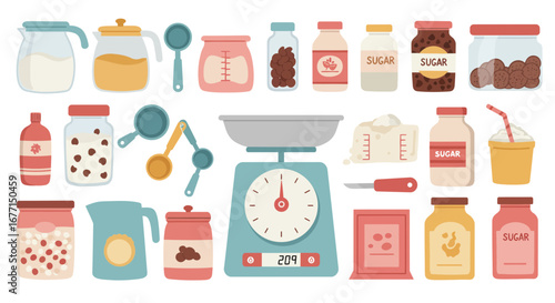 Cute Baking Ingredients and Utensils Illustration for Recipe, Dessert or Bakery Design