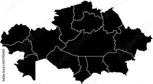 A professional and minimalist map of Kazakhstan showing all regional borders in a clean, solid black color. Ideal for sleek presentations, business reports, or geographical data visualizations.

