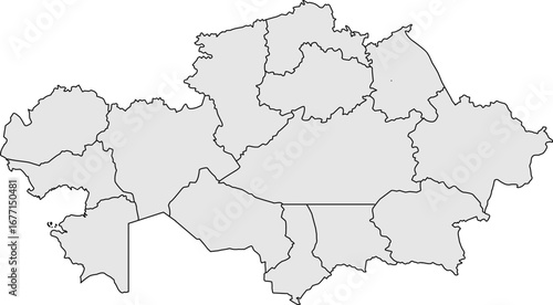 A clean, minimalist, and blank outline map of Kazakhstan with all regional borders in a professional grayscale color. Ideal for business reports or geographical data visualizations.

