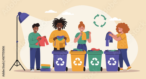Diverse group recycling clothes into color-coded bins promoting sustainability and reuse