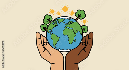 Diverse hands holding earth globe surrounded by trees and suns, symbolizing care for planet