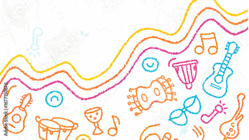 Colorful musical instruments and wavy lines create a vibrant and playful artistic composition style design