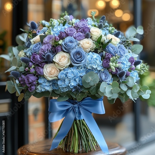 A bouquet of blue and white flowers