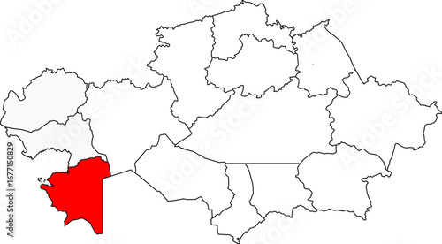 A detailed map of Kazakhstan highlighting the Mangystau Region. Ideal for showcasing the country's oil and gas reserves, coastal geography along the Caspian Sea, or business-related content.


