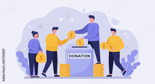 Donation and charity concept illustration, showing people giving money for help