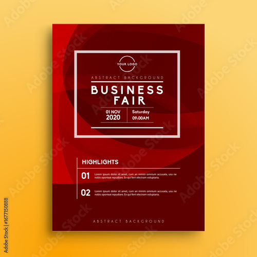 Business Fair Vector Flyer or Poster Design Template with Abstract Red Swirl Shapes, White Frame, and Modern Corporate Layout