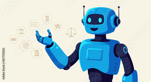 Friendly blue robot interacting with law, finance and communication icons