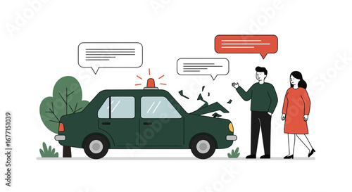 Frustrated couple discussing car accident with broken vehicle and speech bubbles