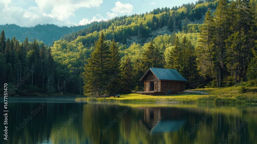 Fototapeta premium A serene cabin by a tranquil lake, surrounded by lush greenery and mountains under a partly cloudy sky.