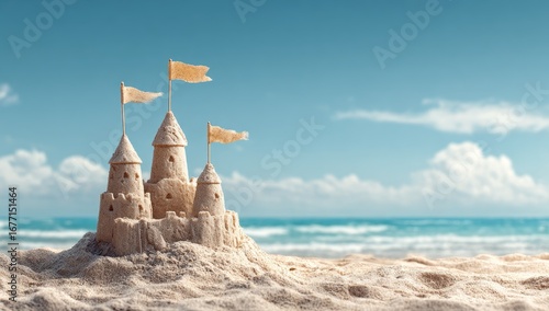 Beach sandcastle with flags on sunny day
