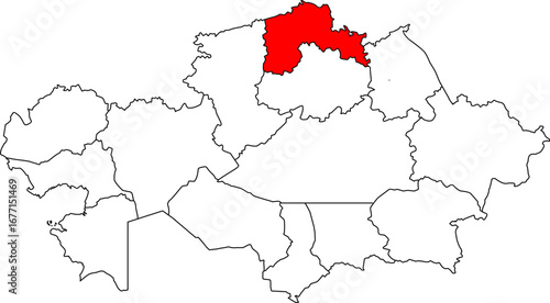 A detailed map of Kazakhstan highlighting the North Kazakhstan Region (Soltüstik Qazaqstan Oblysy). Perfect for showcasing the country's agricultural heartland, business reports, or cross-border studi
